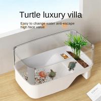 Casa de tanque de tortuga transparente con áreas para alimentar a la mascota, recinto interior, jaula de agua, refugio para reptiles - details 3
