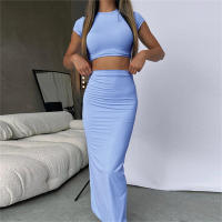 BUNO-Conjunto de dos piezas de verano para mujer, color sólido, manga corta, color sólido, tops cortos y falda larga - details 13