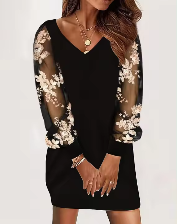Minicasual de encaje de malla transparente para mujer, cuello en V, manga larga, Vestido corto rojo para fiesta, ropa de Festival - 1