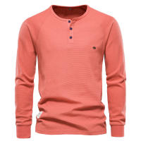 Camiseta de manga larga con cuello Henry para hombre, camisa de manga larga con diseño de gofres, color sólido, para otoño e invierno, talla europea - details 5