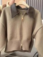 Chaqueta Cardigan de Moda de Punto con Cuero Tejido Manga Larga Suave Vintage para Mujer en Otoño-Invierno - details 3