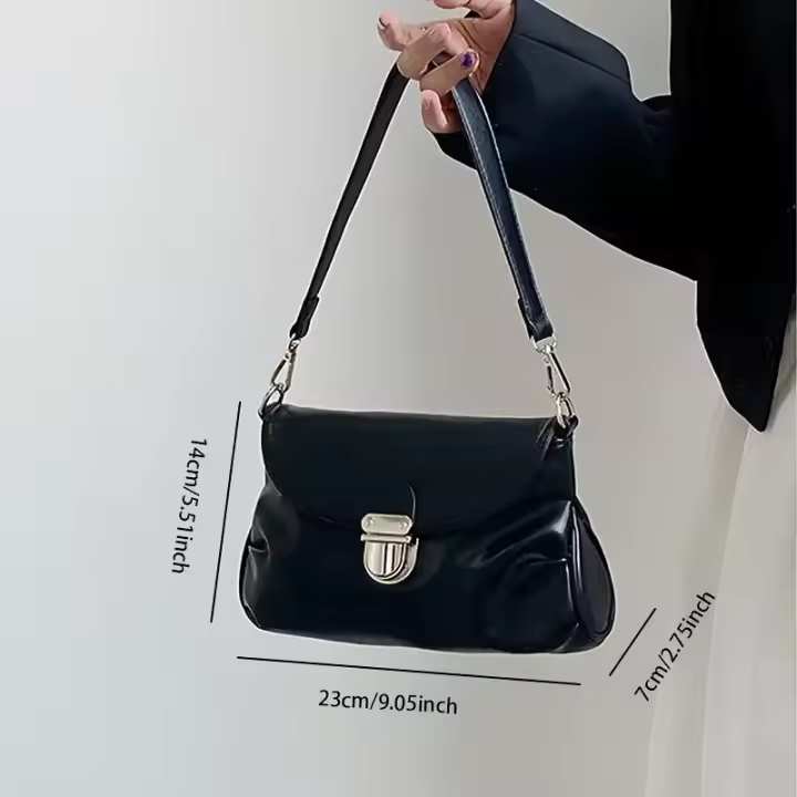 Bolso de hombro con textura de nube arrugada para mujer con correa ajustable y cierre metálico - Bolso cruzado versátil negro elegante para uso diario, 23x14x7cm, bolso cruzado lindo, bolso informal, accesorio elegante, detalles elegantes - 1
