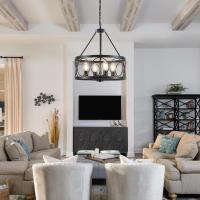Lámpara de araña negro 8 Luces Lamparas De Techo Salon Lamparas de araña estilo vela con rueda de carro, lámparas rusticas Vintage lámpara colgante para comedor porche cocina dormitorio - details 16