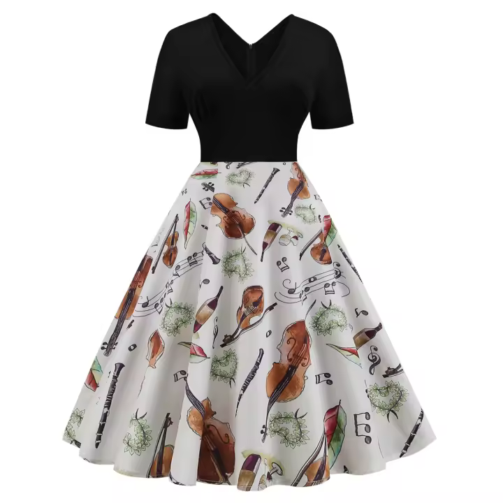 Vestido pequeño con estampado de notas musicales de retales para mujer, falda grande, fiesta de cóctel, cerveza, festival de música - 1