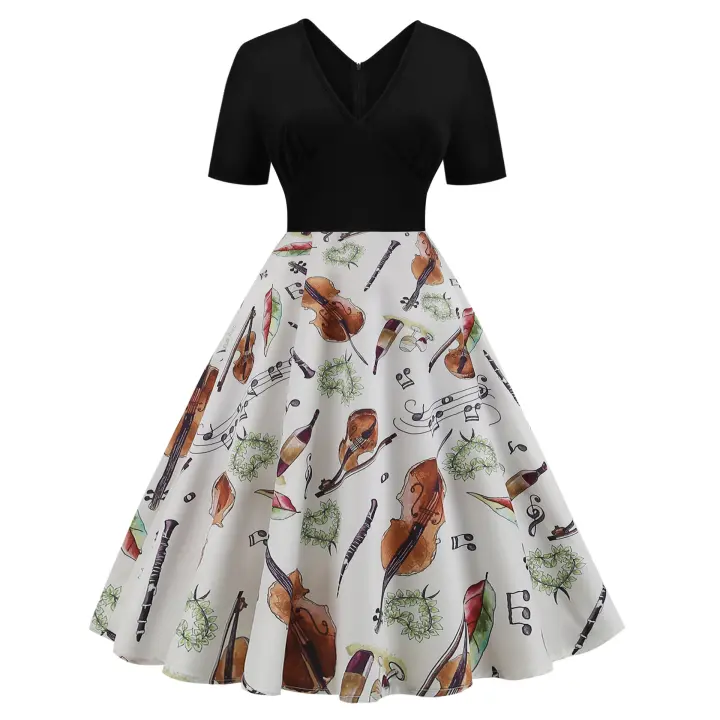 Vestido pequeño con estampado de notas musicales de retales para mujer, falda grande, fiesta de cóctel, cerveza, festival de música - 1