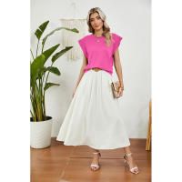 BUNO-2025 Tops para mujer, pantalón corto informal de moda de verano, camisetas básicas con textura a rayas de Color sólido y cuello redondo - details 57