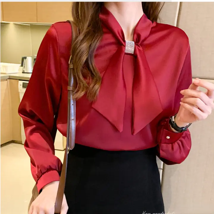 Office Lady Basic Shirts New Design Fashion Women Long Sleeve Autumn Spring Solid Button Black Bow Tie Ribbon Tops - 1
