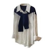 Camisa de mujer de dos piezas falsa estilo Maillard de otoño, chal tejido marrón, camisa con Raya Vertical en la espalda, blusa, camisa de mujer de estilo francés - details 14