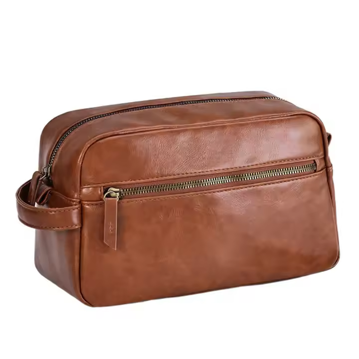Bolsa de lavado de cuero portátil con múltiples bolsillos para hombre, bolsa de almacenamiento de cosméticos de mano con cremallera, bolsa de maquillaje impermeable de gran capacidad para Baño - 1