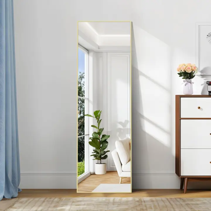 Espejo de pie de cuerpo entero 147 x 44 cm, espejo de pared con marco de aluminio, espejo de pie inclinado o colgante para salón, dormitorio, entrada, dorado - 1