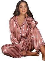 Conjunto de 2 piezas de manga larga a rayas para mujer, pijama de satén primavera/verano, pijama holgado para el hogar - details 0