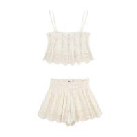 BUNO-Mujeres Verano Moda Bordado Hueco Camisola Top + Pantalones Cortos Dos Piezas Playa Vacaciones Cintura Alta Blanco Pantalones Cortos Conjunto - details 2