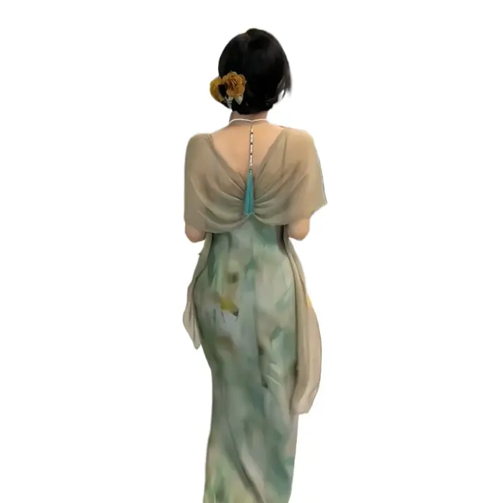 Ropa de mujer de nuevo estilo, cheongsam impoved, estilo chino joven, pintura al óleo de gils, camisola larga, vestido fino, - 1