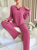 Ropa de dormir ranurada para mujer, ropa de dormir de otoño e invierno, top y pantalones de manga larga, conjunto de 2 piezas, ropa para el hogar, ropa informal - details 1