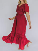 Vestido largo de encaje formal con cuello en V para mujer, con volantes y flecos, manga corta, estilo bohemio, para invitados de boda - details 12