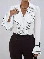 Camisa de primavera y verano, blusas elegantes a la moda para mujer, blusas informales de manga larga acampanada con dobladillo con volantes, camisas elegantes para mujer - details 2