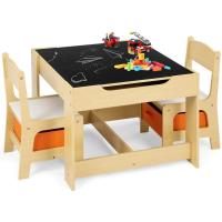 Juego de Mesa y 2 Sillas Infantiles 3 en 1, Grupo de Asientos y Escritorio con Pizarra para Niños, Mueble Infantil con Cajón de Almacenamiento Que Ahorra Espacio, Madera, Naranja - details 0