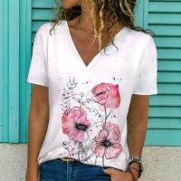 Camiseta de Manga Corta con Cuello en V Moda Blanca para Mujeres Estampado 3D de Lavanda - details 8