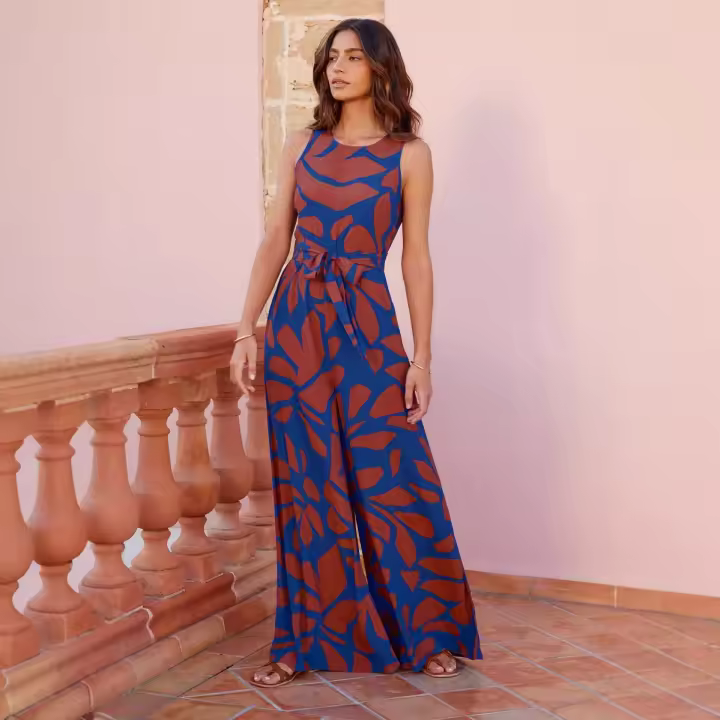Mono con pernera ancha y cintura estampada para mujer, cuello redondo, estilo moderno, novedad de verano 2025 - 1