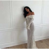 Vestido largo acampanado de manga larga con corte elegante, Vestidos ceñidos con hombros descubiertos y cordones para mujer, prendas de vestir para mujer 2025 - details 15