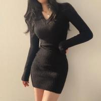 Vestido Bodycon De Mujer En Técnica De Tejer Slim V-Neck Manga Larga Estilo Casual Midi Suéter Vestido Para Otoño Invierno 2024 - details 11