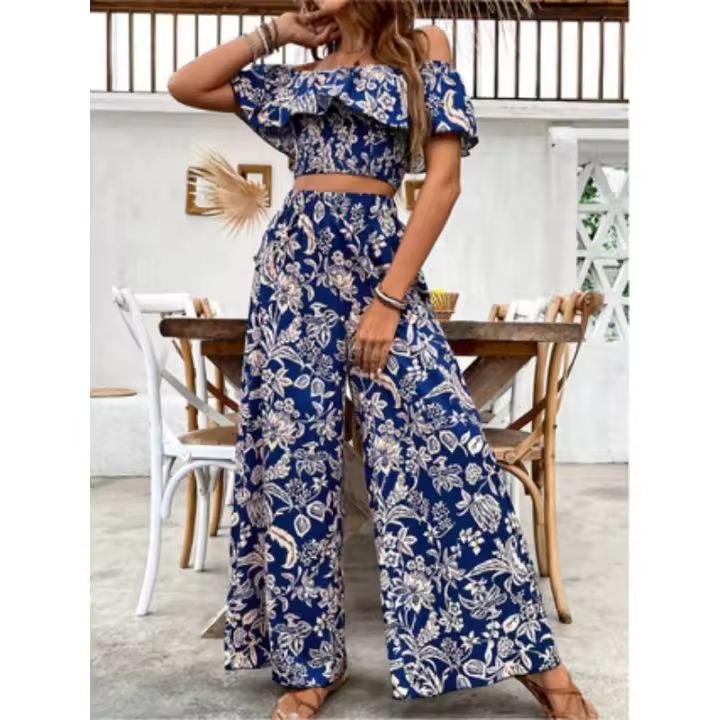 2025 nuevas mujeres de la moda, la moda de las señoras de un cuello superior + pantalones, conjunto de traje de 2 piezas - 1