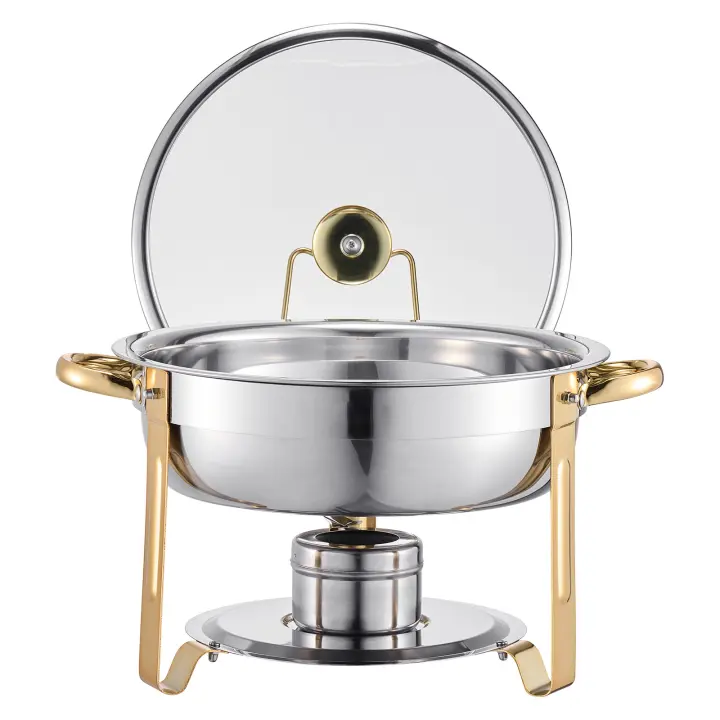 SucceBuy Juego de buffet de acero inoxidable, paquete de 4 unidades de 5 cuartos, servidor calentador redondo para catering con tapa de vidrio, sartenes de tamaño completo, soporte plegable y soporte para combustible para eventos y reuniones, dorado - 1