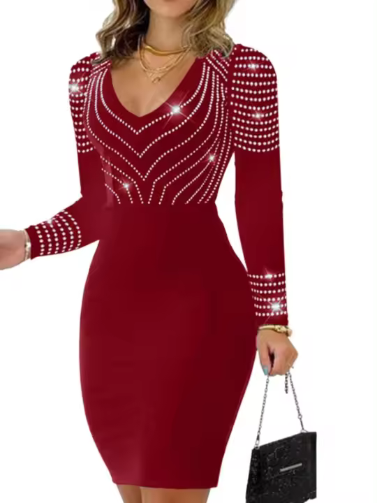 Vestido ajustado con cuello en V, moda de fiesta de noche con diamantes de imitación - 1