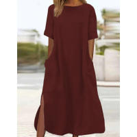 Vestido largo de talla grande para mujeres europeas americanas, informal, sencillo, suelto, atmosférico de algodón y lino - details 2