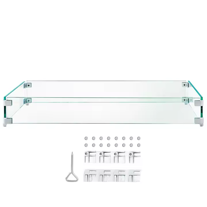 SucceBuy Protector contra el viento para fogatas, protector contra el viento de vidrio de 38 x 10,5 x 6 pulgadas, protector contra llamas de vidrio templado, protector de mesa contra incendios de 0,3" de espesor, pies estables para propano, gas, fogatas a - 1