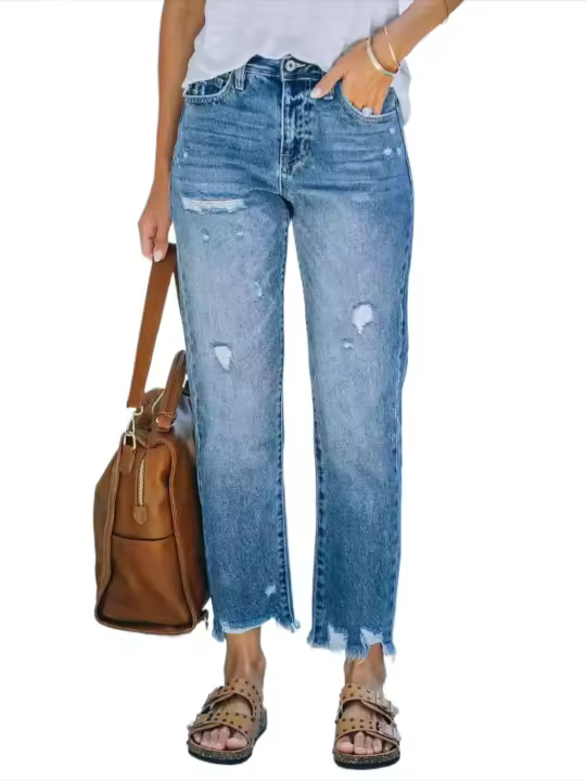 Vaqueros rasgados de cintura alta para mujer Pantalones vaqueros de estilo japonés azul claro - 1
