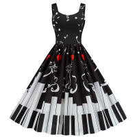 Women vintage spaghetti strap floral print high waist elegant sleeveless a-line party midi dress - details 54