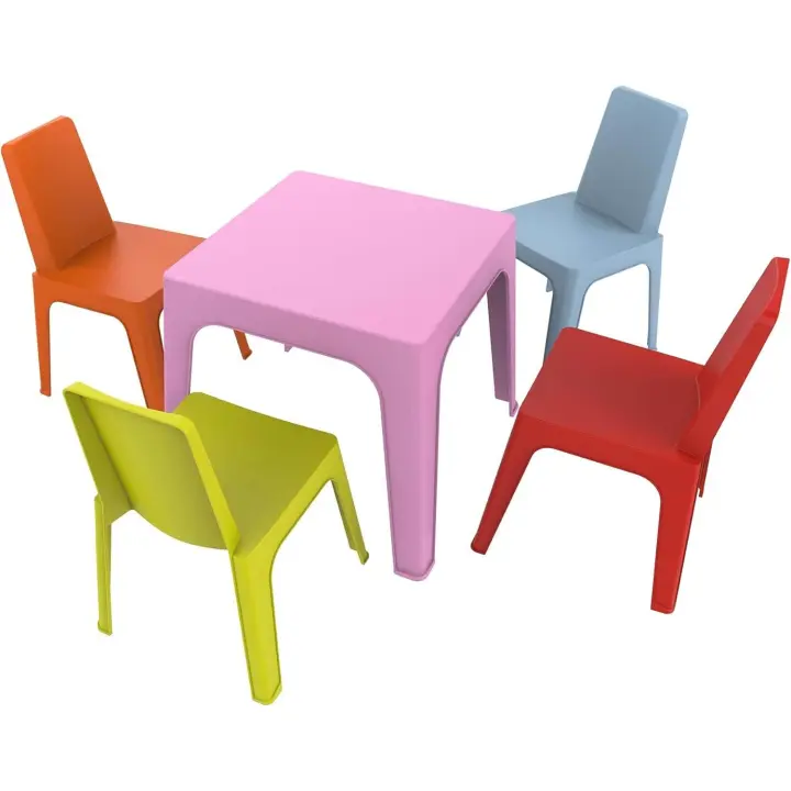 resol Julieta Conjunto Infantil para Interior, Exterior, jardín - 1 Mesa Azul + 4 Sillas Roja/Rosa/Naranja/Lima - 1