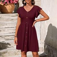 Nuevo vestido de manga corta elástico con cintura con botones y cuello en V para mujer - details 19