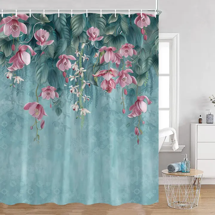 Cortina de ducha lavanda púrpura flores púrpuras planta Floral decoración de baño tela de poliéster cortinas de bañera con ganchos - 1