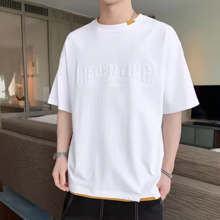 Camiseta Casual de Verano para Hombres Manga Corta, Estampado Tres Dimensiones, Estilo Hong Kong, Algodón - 1