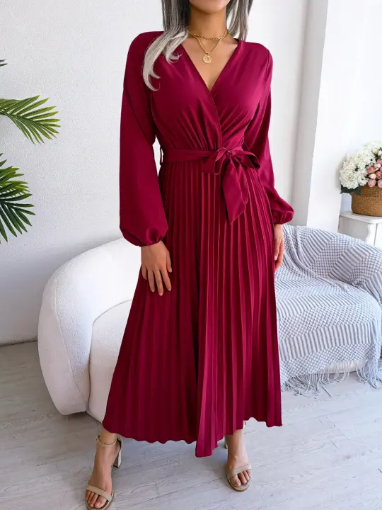 Cruz de color sólido con cuello en V largo plisado con dobladillo grande para mujer, a la moda para primavera y verano - 1