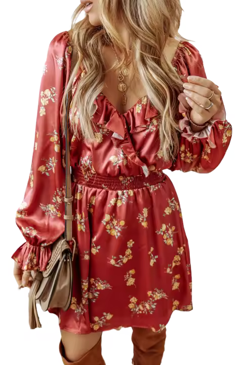 Elrachen Mini vestido con cuello en V y cintura fruncida con estampado floral para mujer, arcilla roja, tallas S-XL - 1