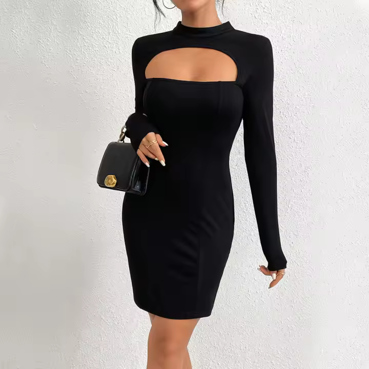 Vestidos huecos para minifaldas de manga larga de punto recortados para mujeres - 1
