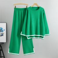 Traje tejido para mujer 2 Conjunto de ropa de mujer de Color sólido de manga larga，Traje de cuello redondo y pantalones sueltos - details 4
