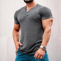 Camiseta de manga corta Henley para hombre, camisa informal de algodón, gris oscuro, M-6XL - details 3