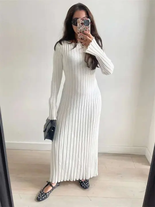 Tossy-Vestido largo de punto con cordones para mujer, vestido de punto de cintura alta a la moda con retazos de manga larga, holgado y liso - 1