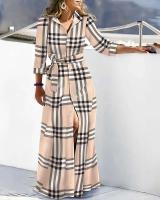 Vestido camisero para mujer, manga 2023, cuello vuelto, con cordones, estampado, Vestidos largos informales de moda de otoño - details 5