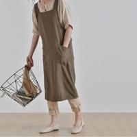 Delantal de cocina de estilo japonés Simple, vestido largo con espalda cruzada, Color sólido con bolsillos, delantal de lino y algodón para hornear - details 15
