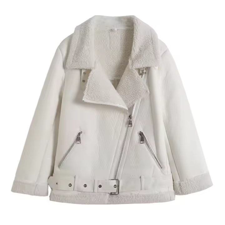 Chaqueta de manga larga con cremallera diagonal de cuero integrada y cuello grueso para mujer, ropa cálida de invierno, nueva moda - 1