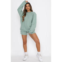 Wind Conjunto de pantalones cortos y sudadera con cuello redondo informal holgado de Color puro para mujer - details 12