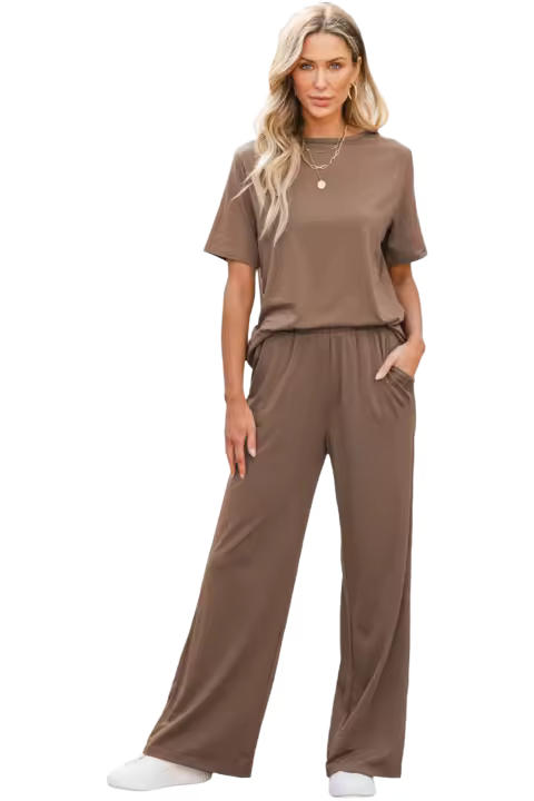 Elrachen Conjunto de camiseta informal de color liso y pantalones de pierna ancha para mujer, gris humo, tallas S-XL - 1