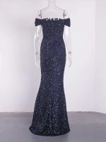 Corpiño elegante de noche con deslumbrantes lentejuelas sin hombros, faldas desmontables, vestido de fiesta largo hasta el suelo. - details 19