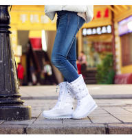 Botas de nieve de terciopelo para mujer, botas de algodón casuales gruesas de caña media cálidas antideslizantes - details 17