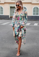 Vestido de manga larga con cuello en V estampado informal para vacaciones de otoño a la moda para mujer - details 6